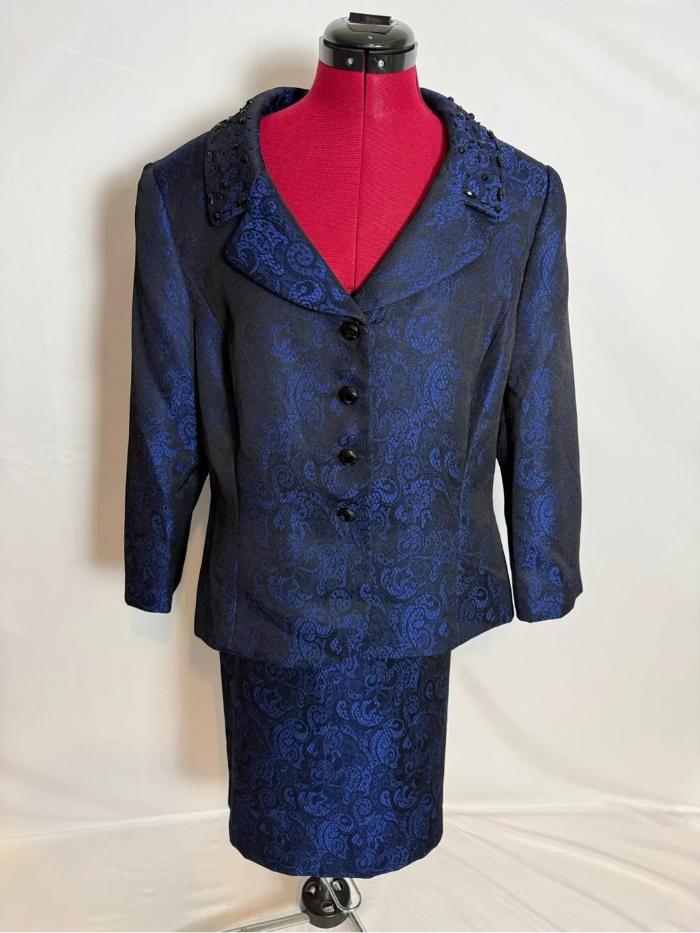 Tahari ASL Skirt Suit Size 16 Blue & Black Paisley 2-Piece Set Blazer & Skirt